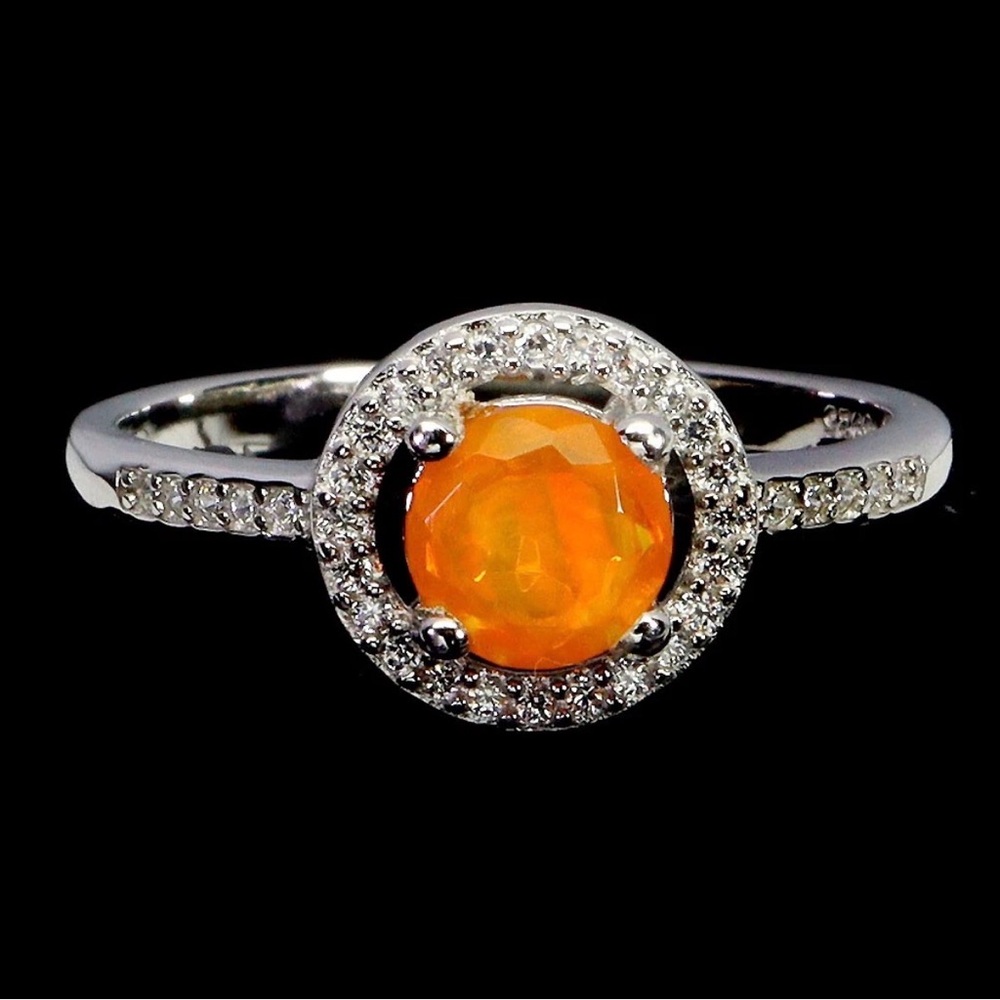 Natural Orange Opal with accented Zircon in 925 Sterling Silver Ring Sz 8